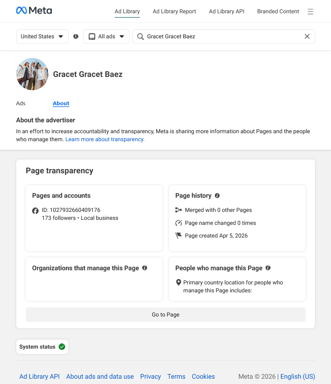 File:Meta ad library Gracet Gracet Baez about page.png
