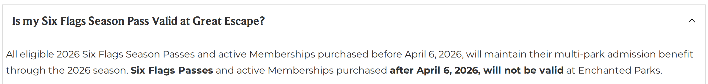 The Enchanted Parks Great Escape guest FAQ states that passes and memberships bought before April 6, 2026 keep their multi-park benefit through the 2026 season and then expire at the end of 2026.[1][2]
