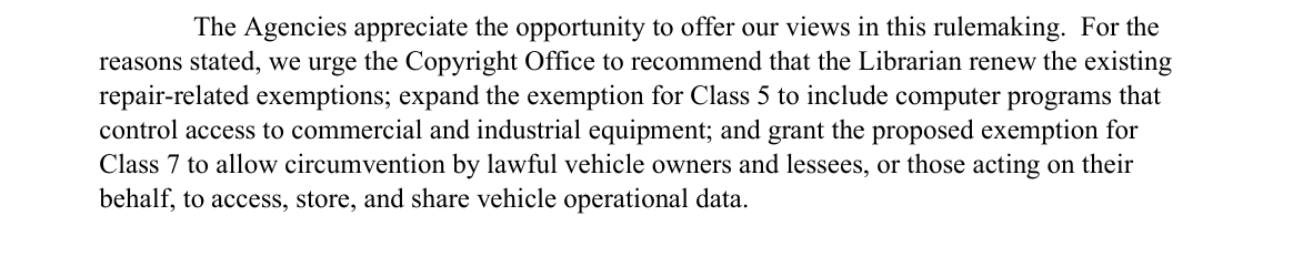 The DOJ and FTC conclusion urging the Copyright Office to grant the Class 7 exemption.[11]