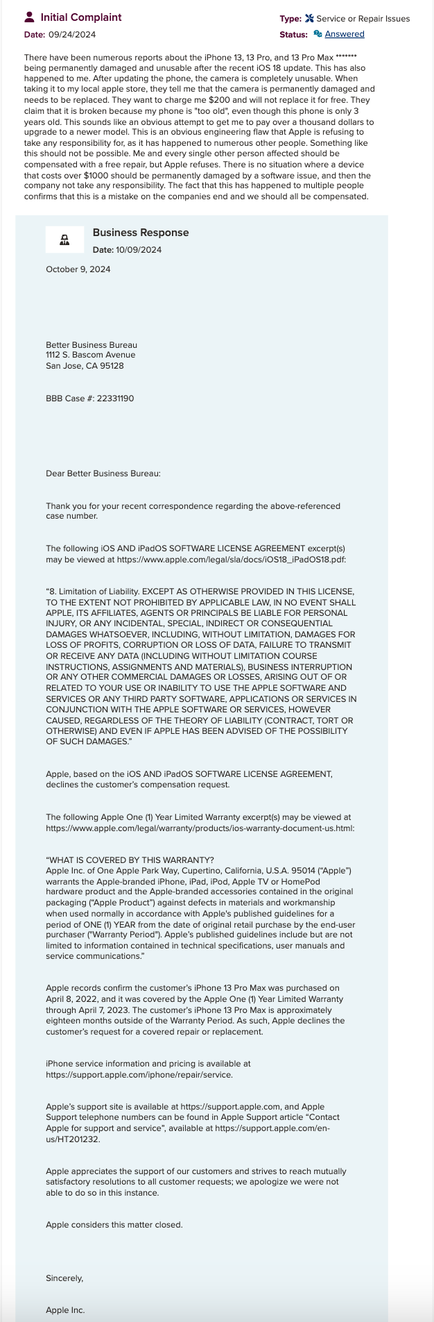 File:BBB Apple iPhone 13 complaint & response.png