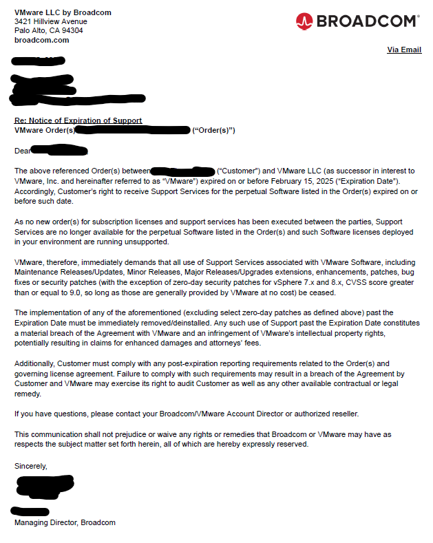 Scan of a Broadcom Notice of Expiration of Support letter sent to a VMware perpetual-license customer.