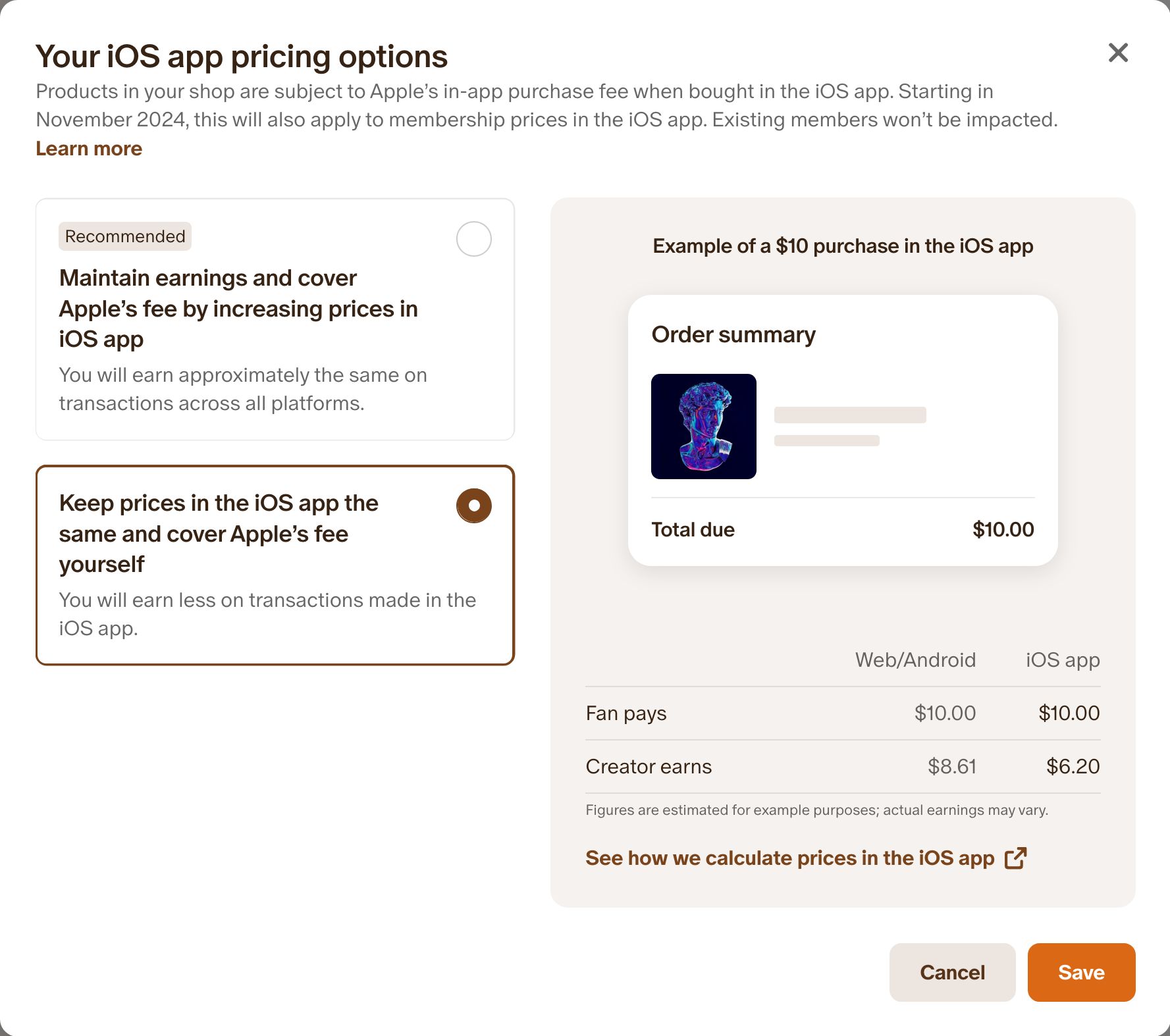 File:Patreon iOS app pricing options - absorb fee.png